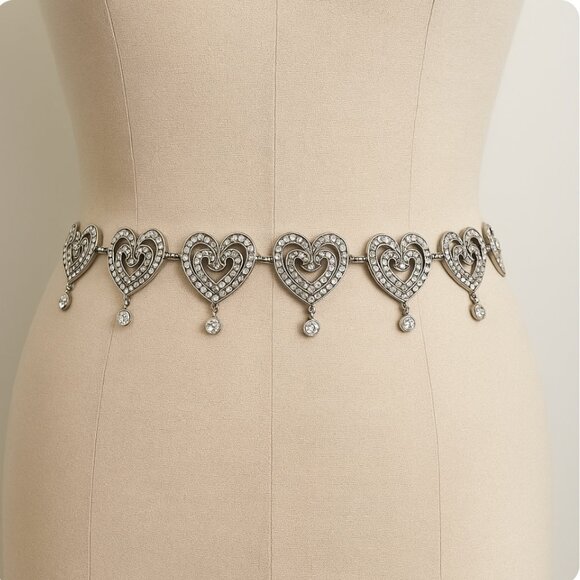 Vintage Brighton Retired Belt Heavy Rhinestone Heart Chain Size Medium Concho - Picture 1 of 6